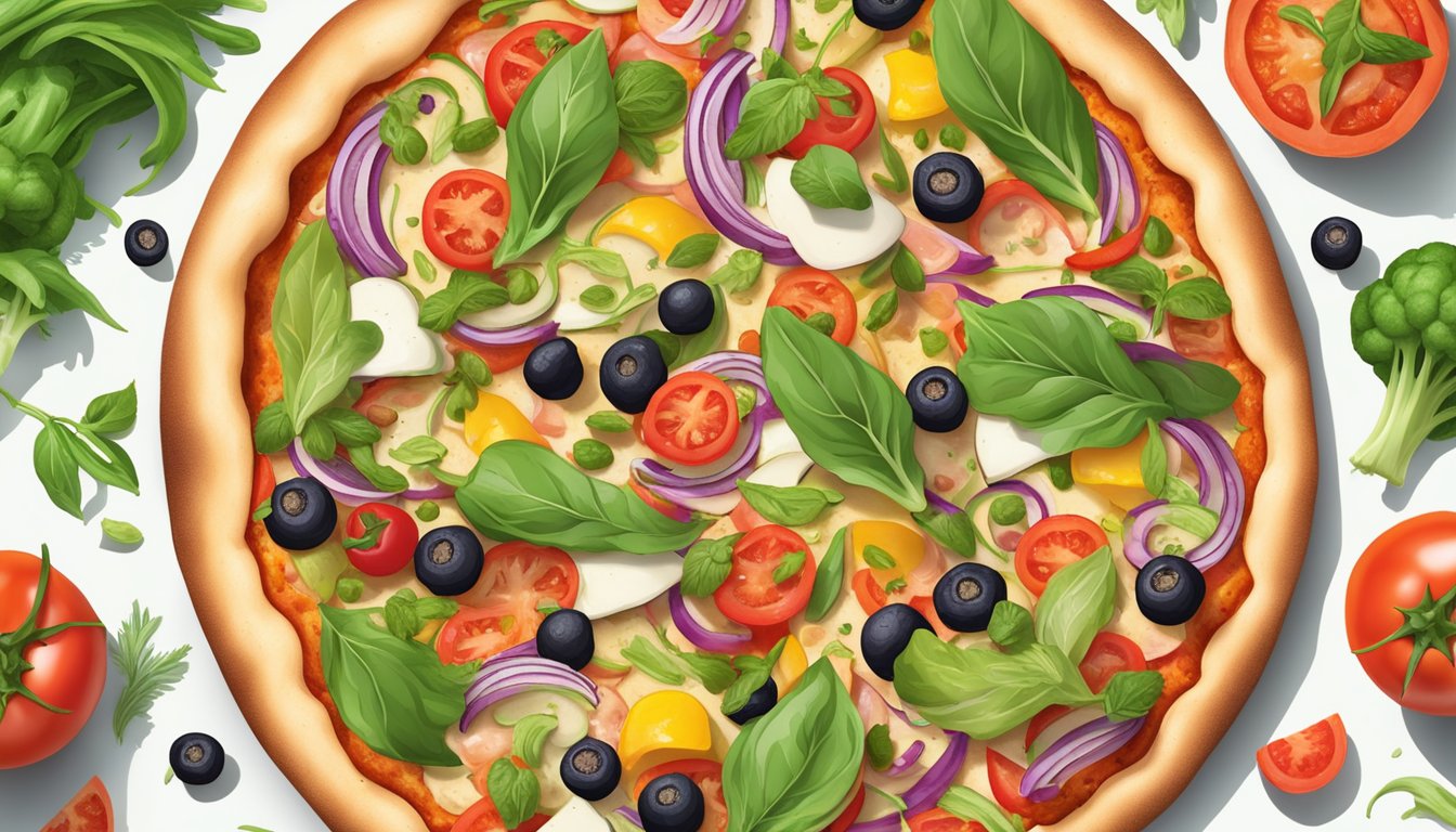 A colorful Californian pizza surrounded by fresh vegetables and plant-based toppings