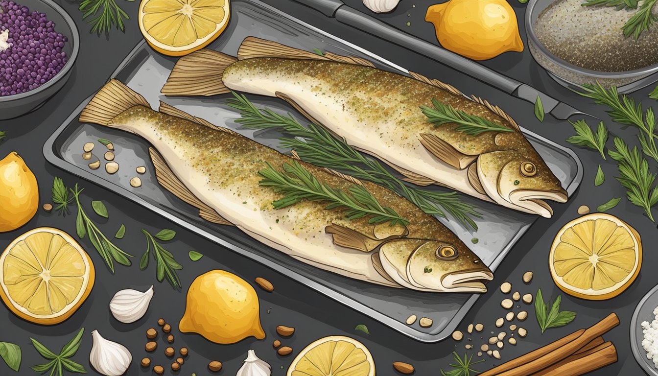 A baking sheet with seasoned cod fillets surrounded by various spices and herbs