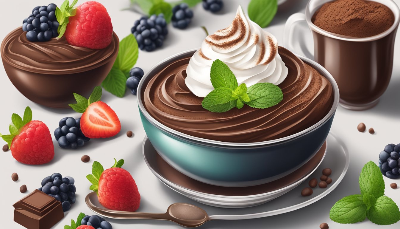 A bowl of rich, velvety dark chocolate mousse topped with a dollop of whipped cream and a sprinkle of cocoa powder, surrounded by fresh berries and mint leaves