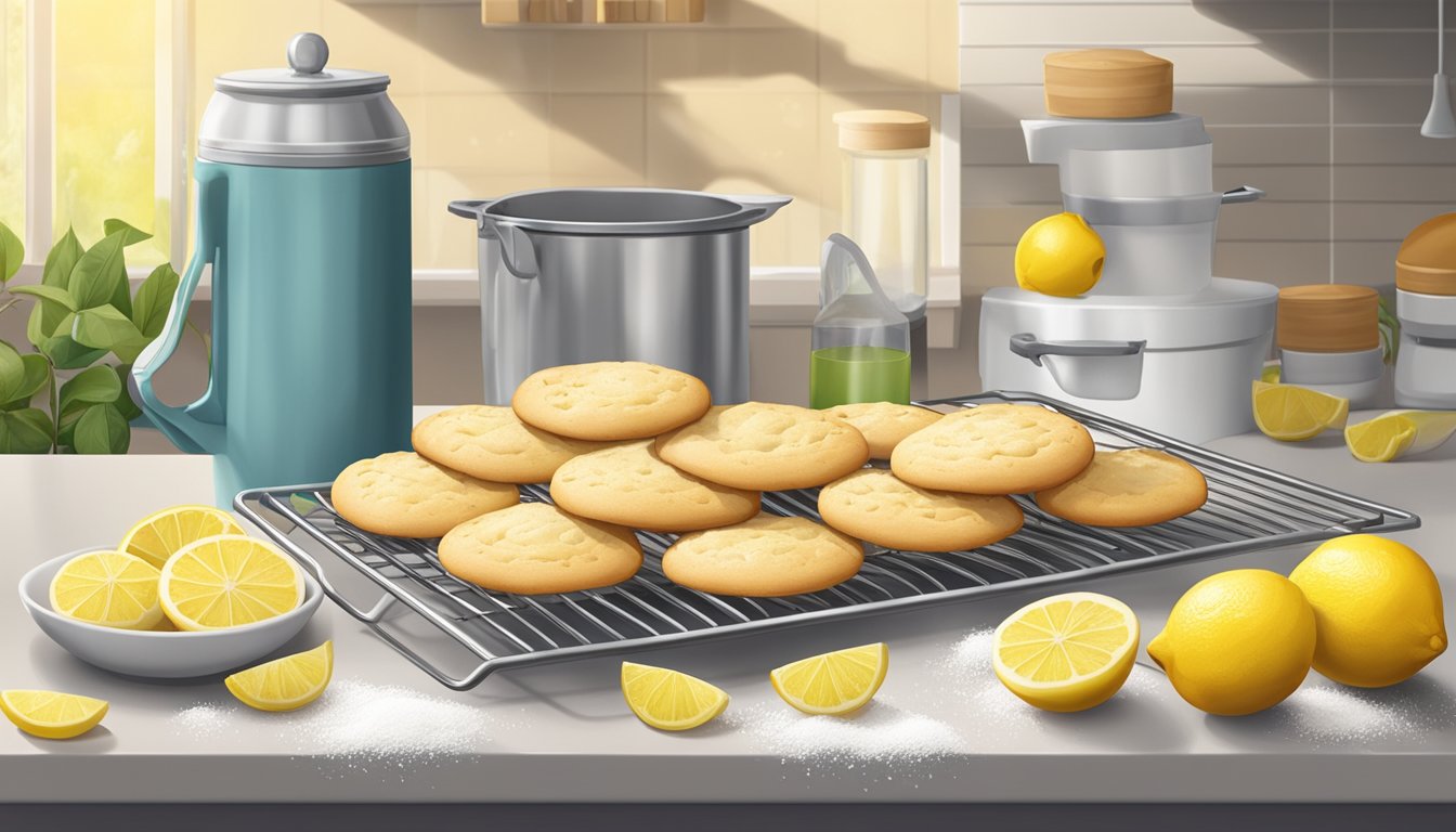 A kitchen counter with a cooling rack of freshly baked lemon cookies, surrounded by ingredients like flour, sugar, and lemons