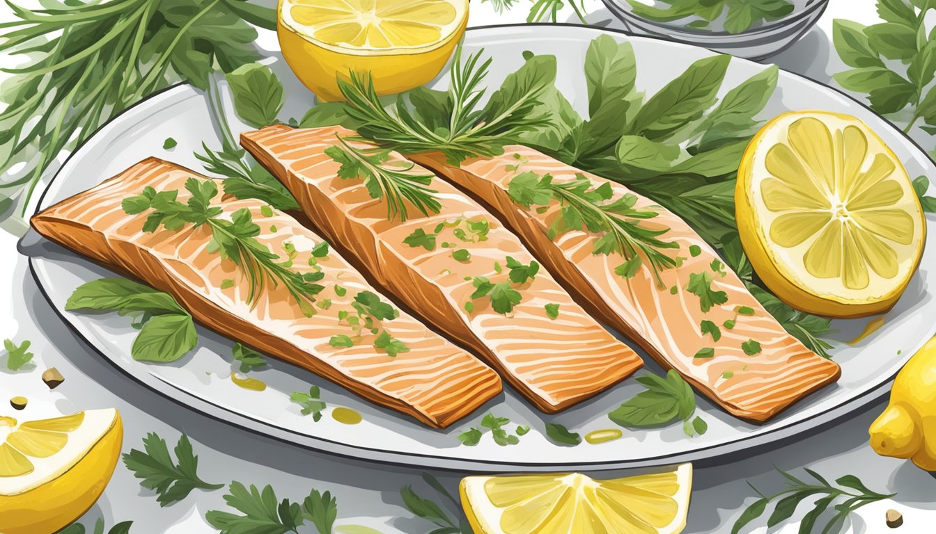 A plate of Dijon-glazed trout filets surrounded by fresh herbs and lemon slices