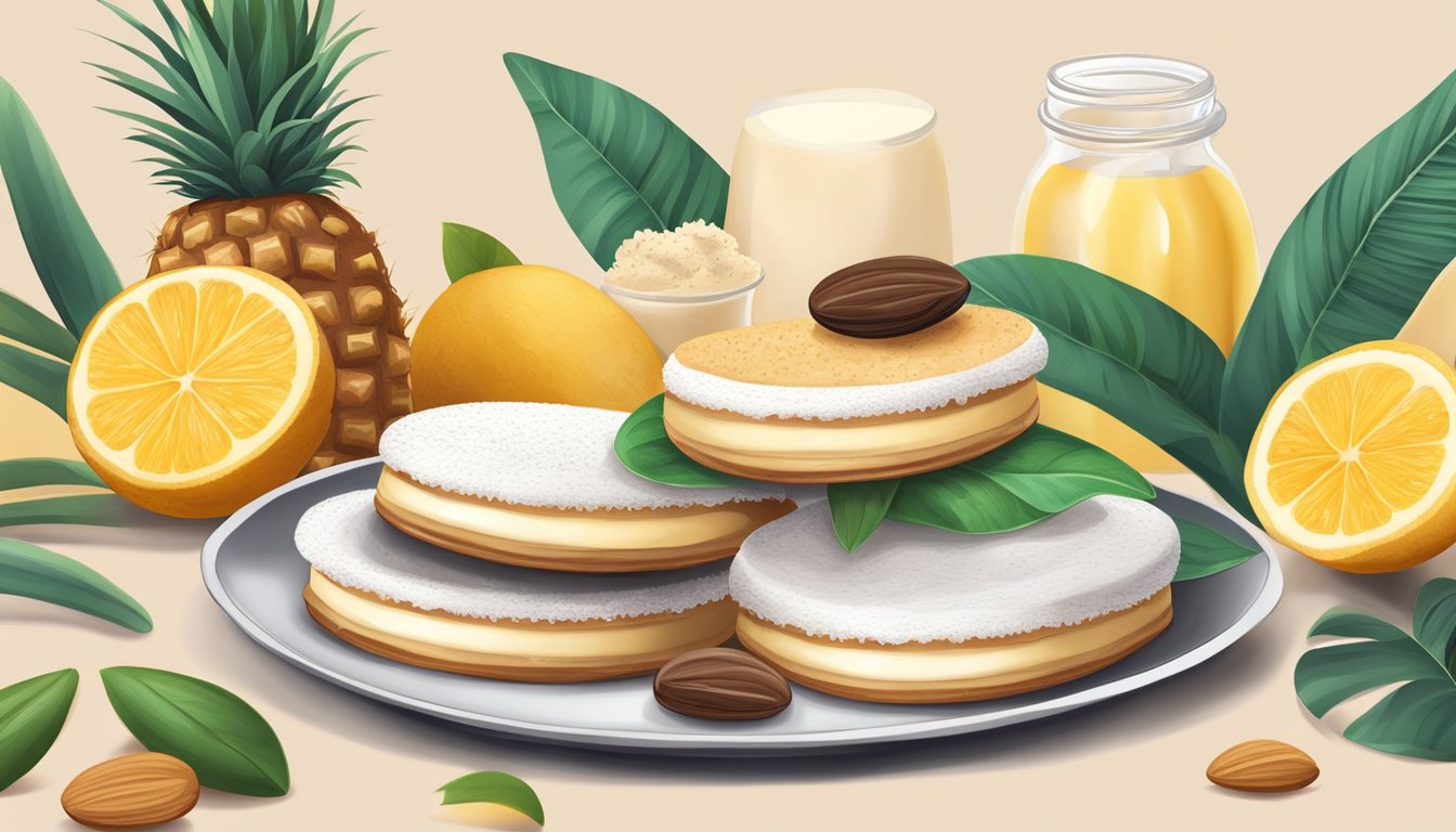 A plate of alfajores with plant-based ingredients like coconut oil, almond milk, and agave nectar. Vegan symbols and fresh fruits nearby