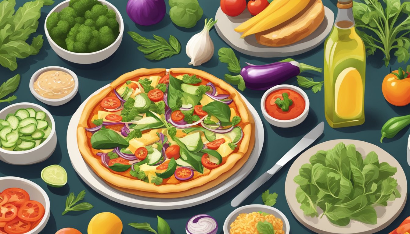 A colorful California Pizza Kitchen with a variety of fresh vegetables and plant-based ingredients