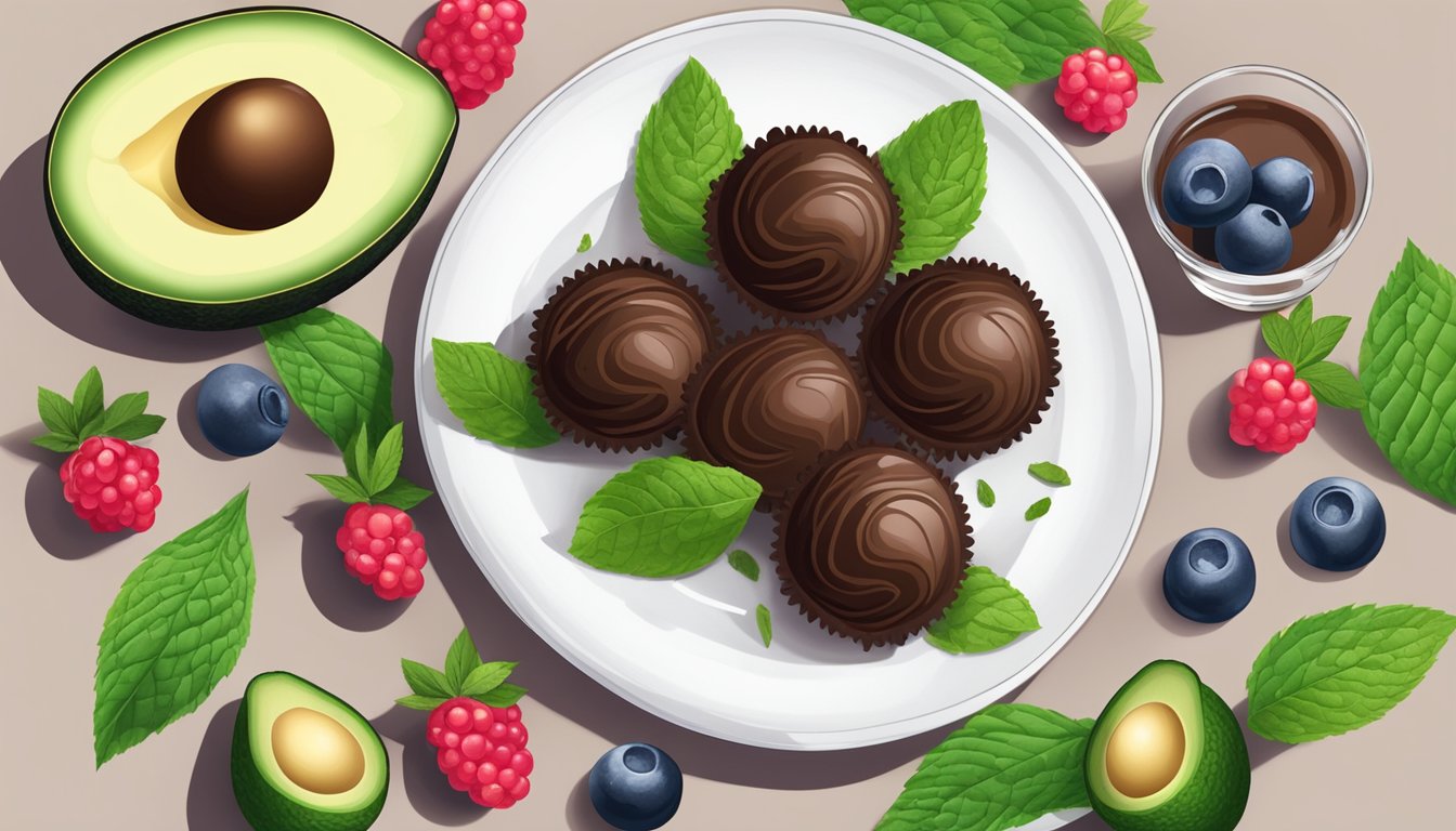 A plate of avocado chocolate truffles surrounded by fresh berries and mint leaves, with a glass of water on the side