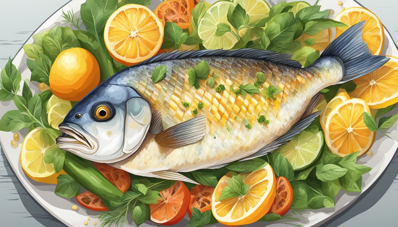 A plate of citrus-marinated tilapia surrounded by colorful vegetables and herbs