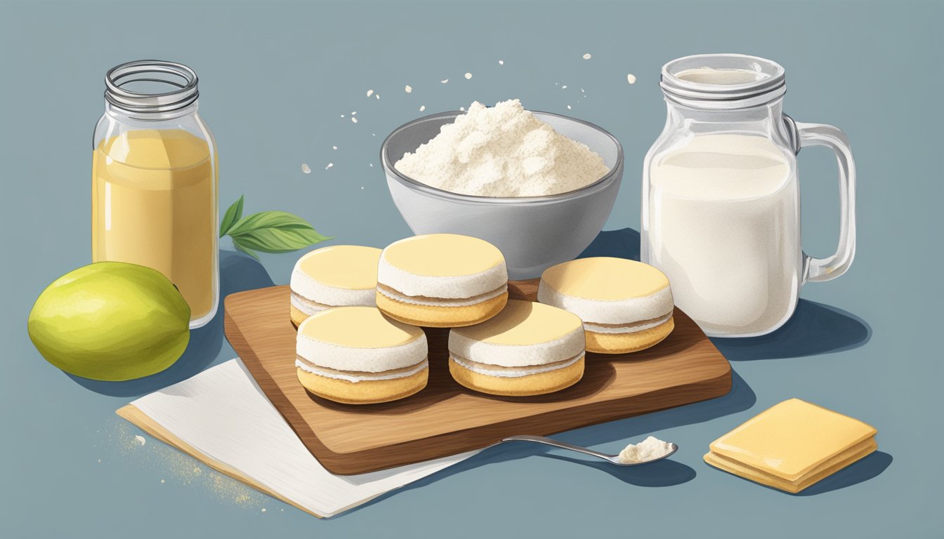 A kitchen counter with ingredients for vegan alfajores, including plant-based butter, flour, and coconut milk, alongside a recipe book open to a page on vegan baking