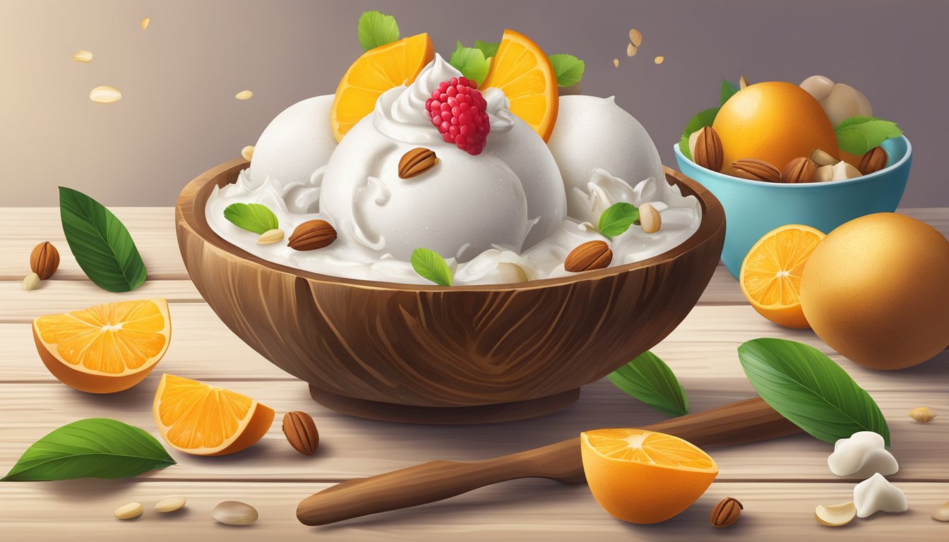 A bowl of coconut milk ice cream surrounded by fresh fruit and nuts on a wooden table