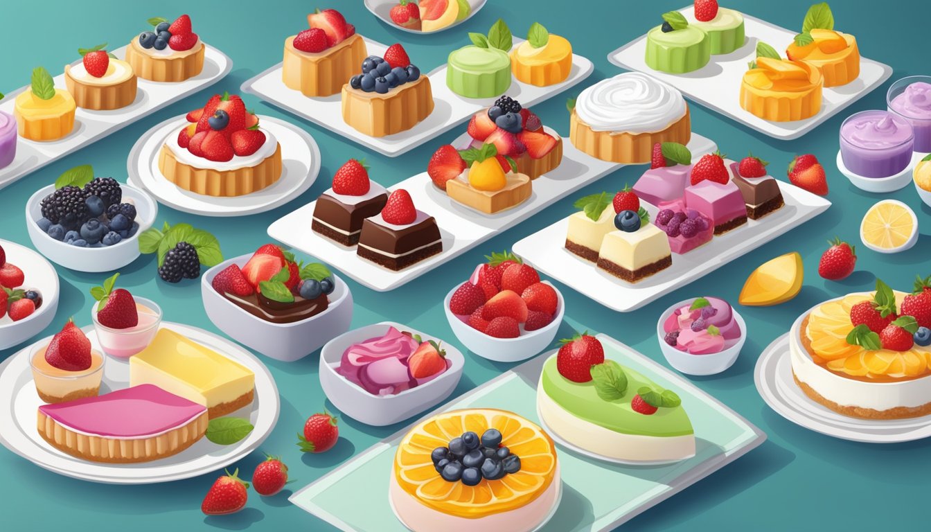 A table with a variety of colorful and delicious desserts, including fruit tarts, yogurt parfaits, and sugar-free cakes, arranged neatly on white plates