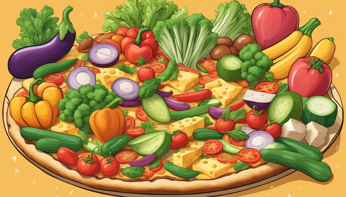 A colorful array of fresh vegetables, dairy-free cheese, and plant-based sausage on a golden, crispy pizza crust