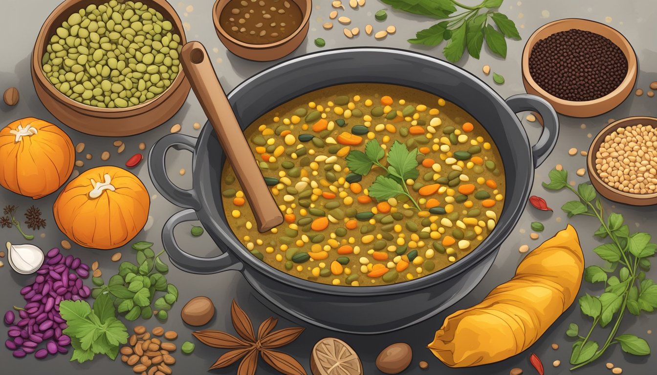 A steaming pot of curried lentil soup surrounded by an assortment of colorful beans and lentils, with various spices and herbs scattered around