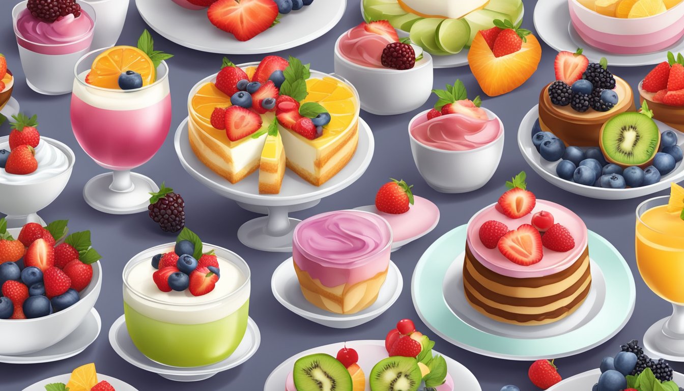 A table with a variety of colorful and appealing desserts, including fruit salads, yogurt parfaits, and sugar-free cakes, arranged neatly on elegant serving dishes