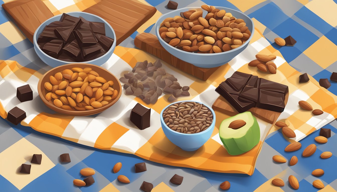 A colorful assortment of trail mix ingredients, including nuts, seeds, and chunks of dark chocolate, arranged on a checkered picnic blanket