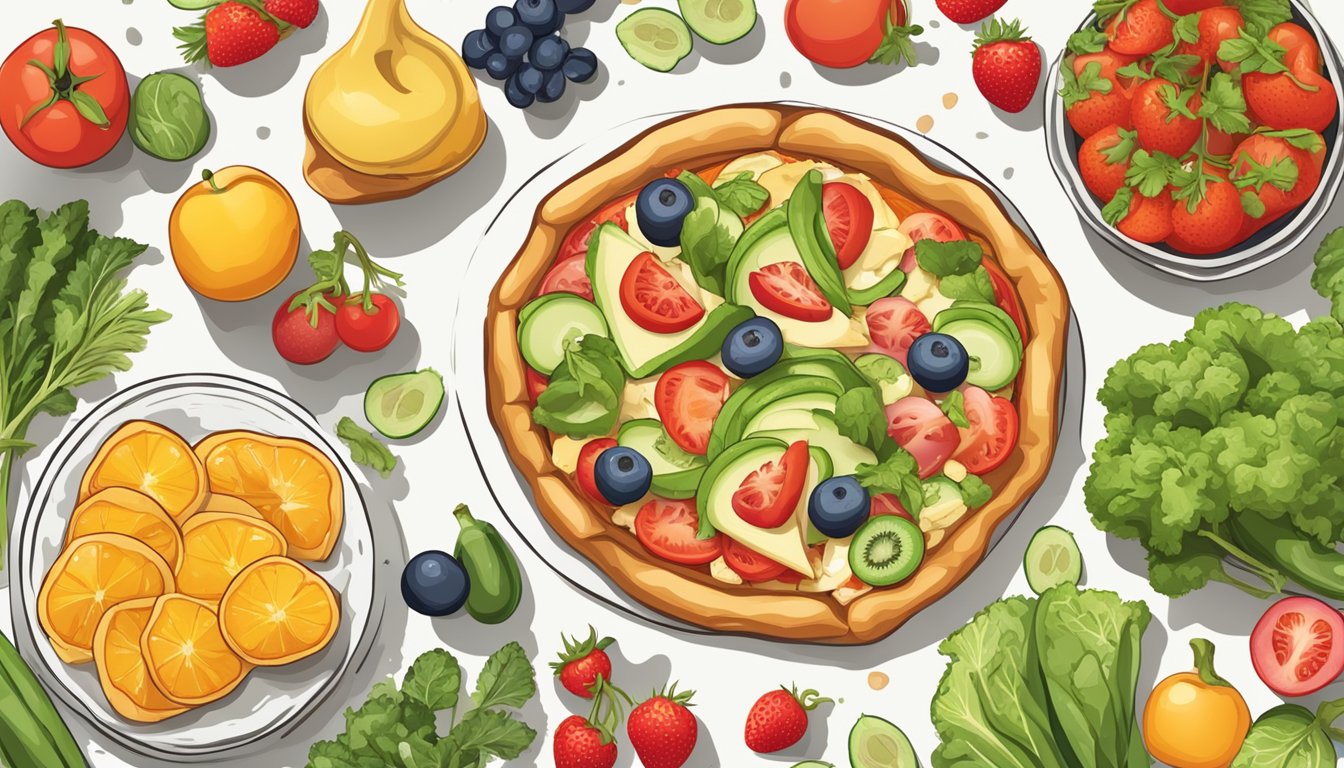 A breakfast pizza surrounded by fresh vegetables and fruits, with a vegan symbol displayed prominently