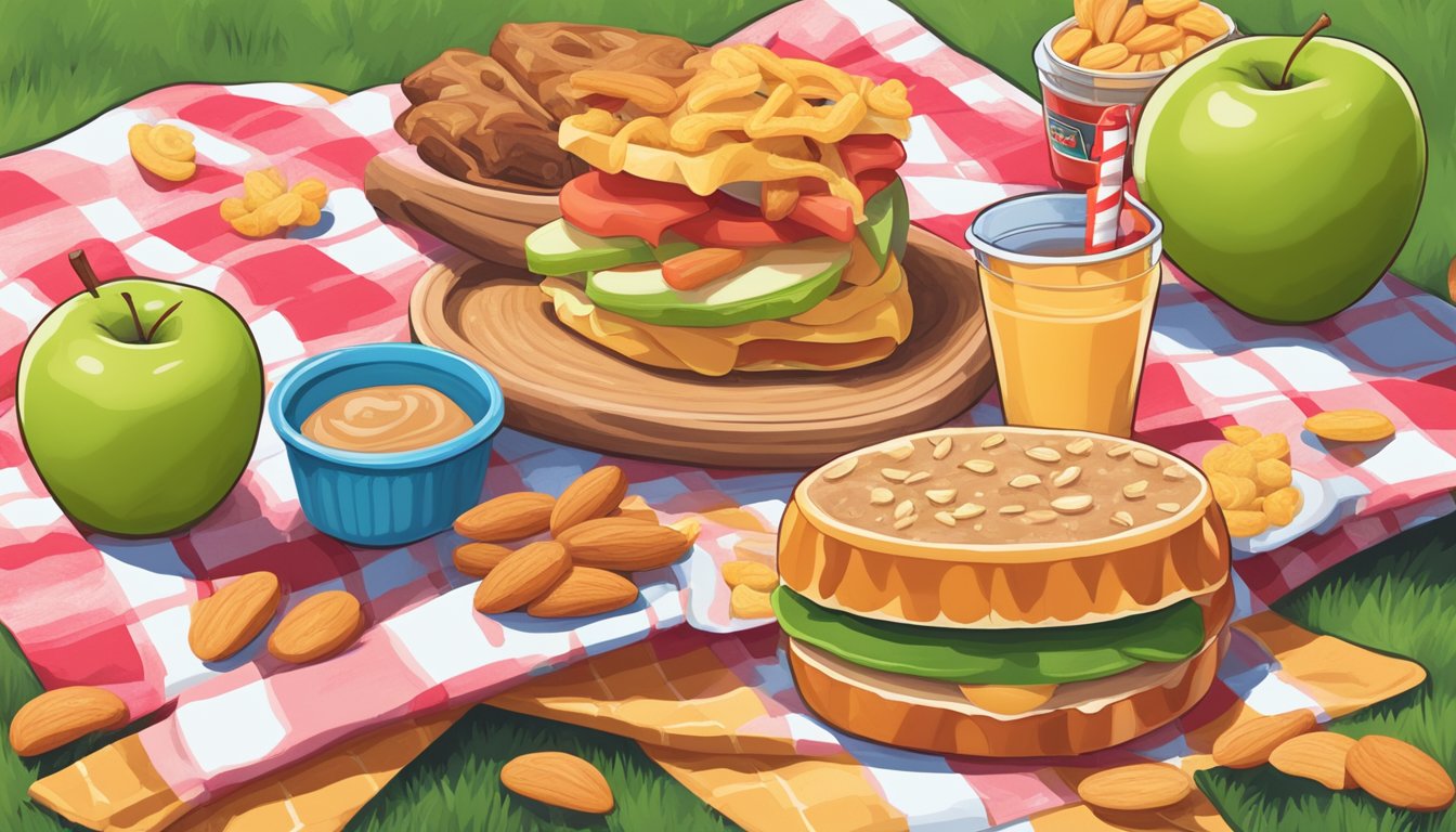 A picnic blanket with apple slices, almond butter, and other snacks spread out, surrounded by roller coasters and amusement park rides