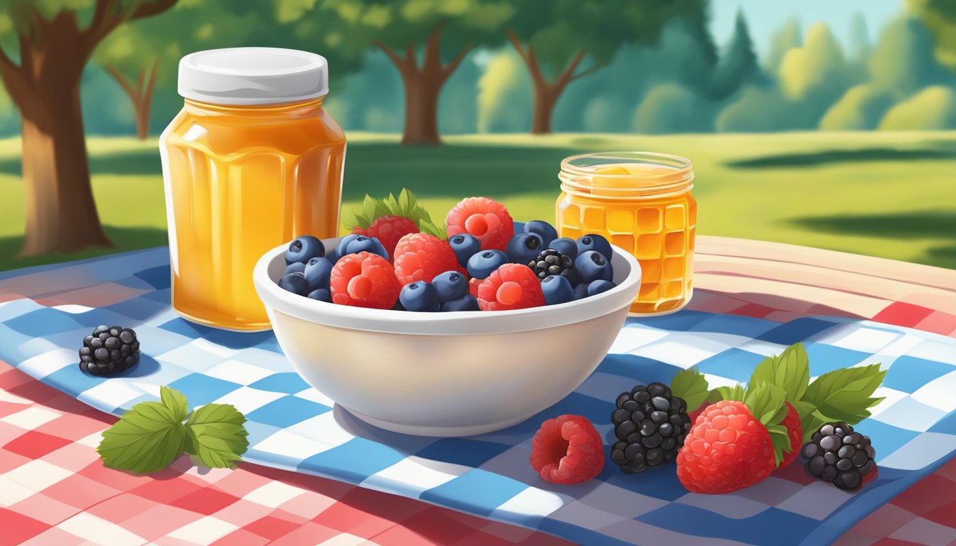 A bowl of Greek yogurt topped with honey and a variety of fresh berries sits on a checkered picnic blanket in the shade of a tree