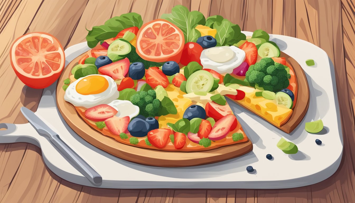 A breakfast pizza with colorful vegetables and plant-based cheese on a wooden cutting board, with a side of fresh fruit on a white plate