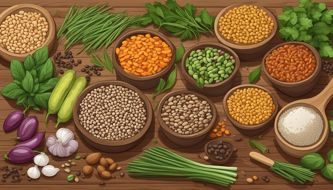 A colorful array of beans and lentils arranged on a wooden cutting board, surrounded by fresh herbs, spices, and various cooking utensils