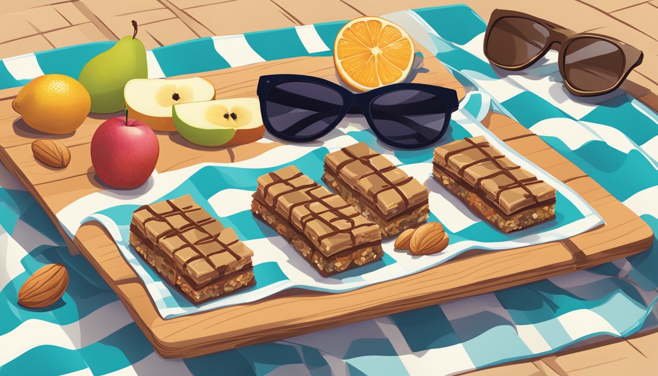 A variety of KIND Fruit & Nut Bars arranged neatly on a checkered picnic blanket with a road map and sunglasses nearby