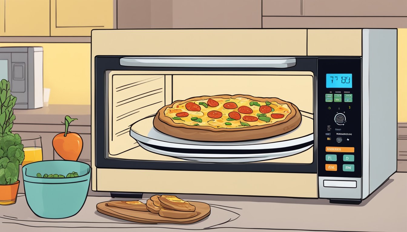 A slice of vegan breakfast pizza being placed in a microwave for reheating, with a container of leftovers and a refrigerator in the background