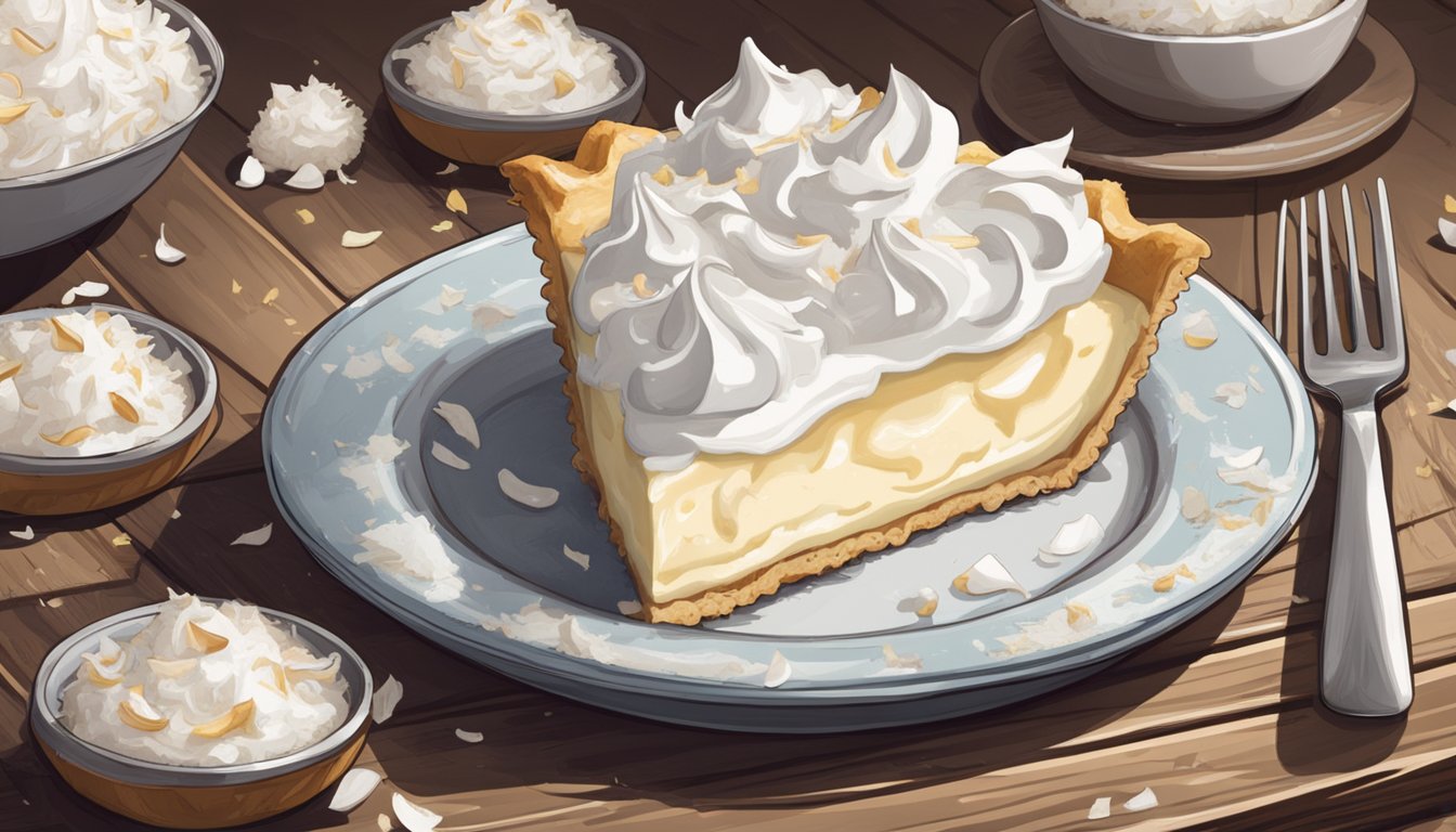 A coconut cream pie sits on a rustic wooden table, surrounded by fresh coconut shavings and a dollop of coconut whipped cream. A pie server and plates are nearby