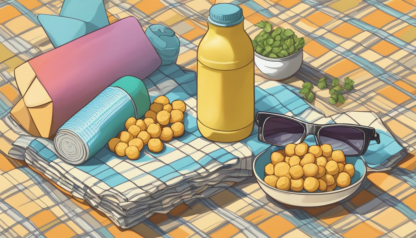 A colorful array of HIPPEAS Organic Chickpea Puffs arranged in a stack on a checkered picnic blanket, surrounded by a road map, sunglasses, and a water bottle