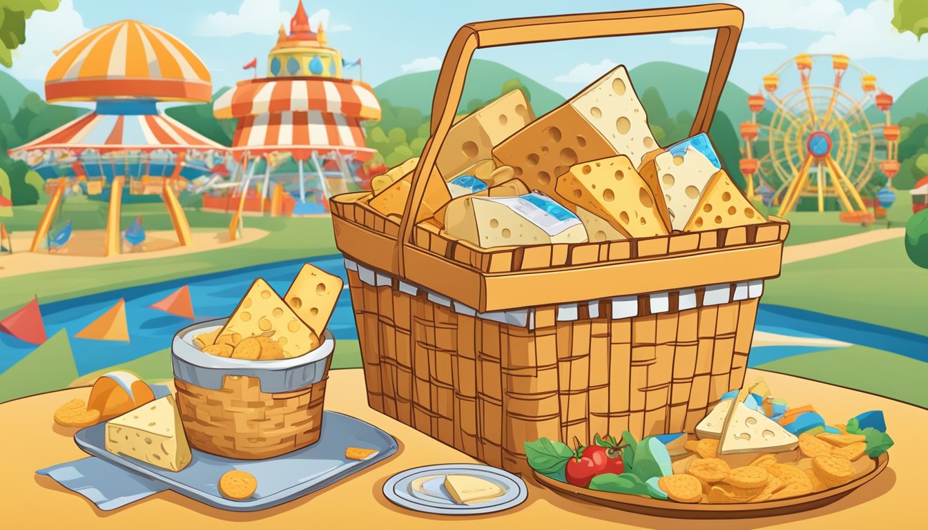 A picnic basket filled with cheese and whole wheat crackers, surrounded by colorful amusement park rides and attractions