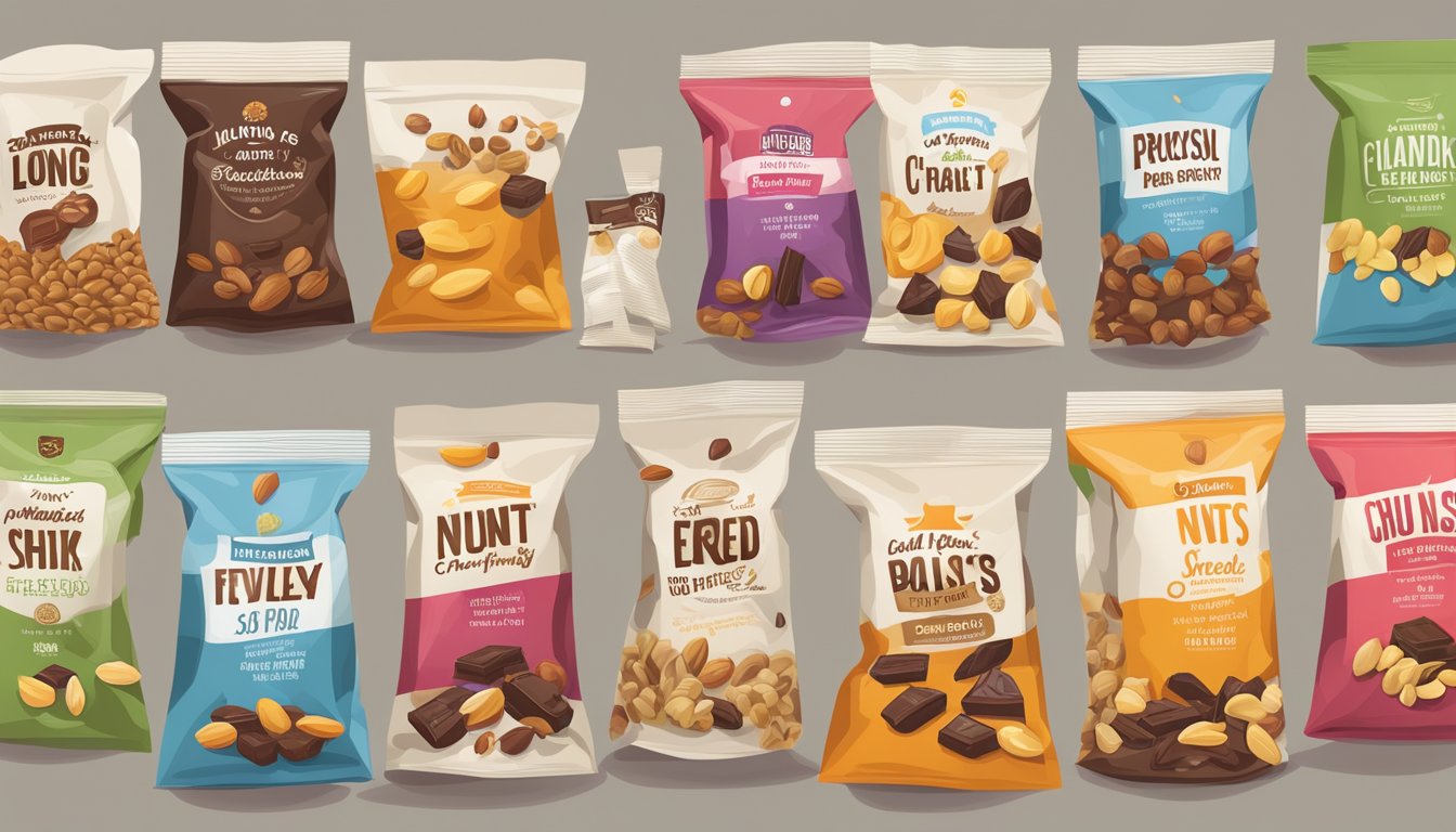 A variety of nuts, seeds, and dried fruit mixed with chunks of dark chocolate, all neatly packed into individual snack bags for a long road trip