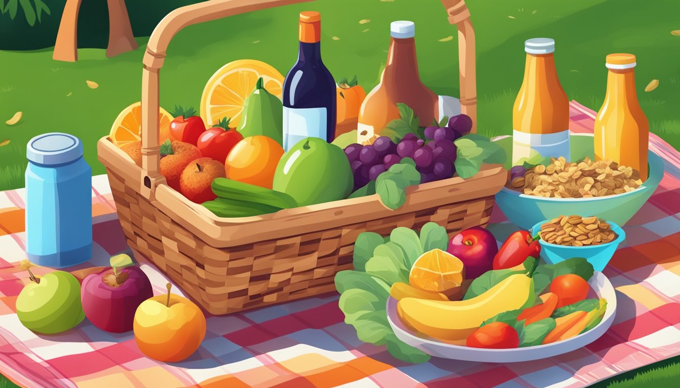 A picnic basket filled with fresh fruits, vegetables, nuts, and granola bars laid out on a colorful blanket in the shade of a tree at an amusement park