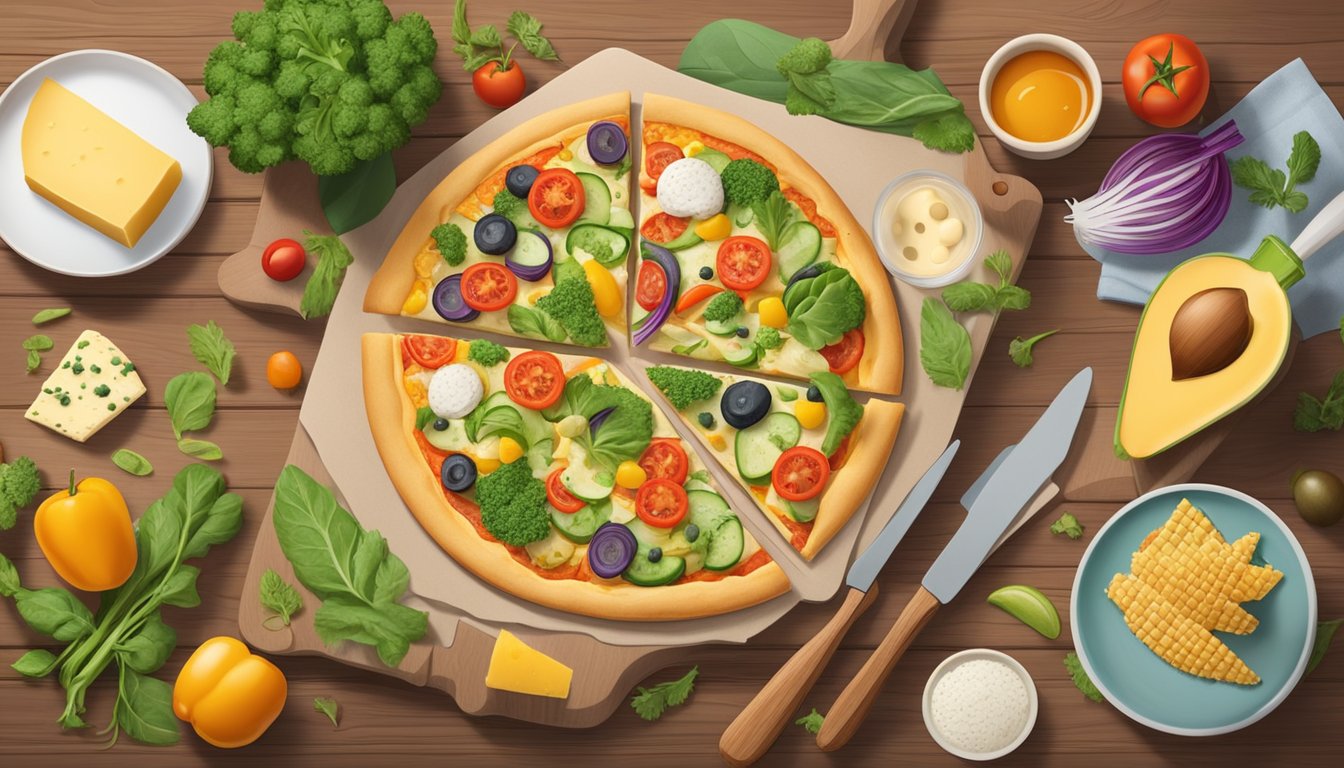 A colorful breakfast pizza with a variety of vegetables and plant-based cheese, set on a wooden table with eco-friendly utensils and surrounded by images of sustainable farming practices