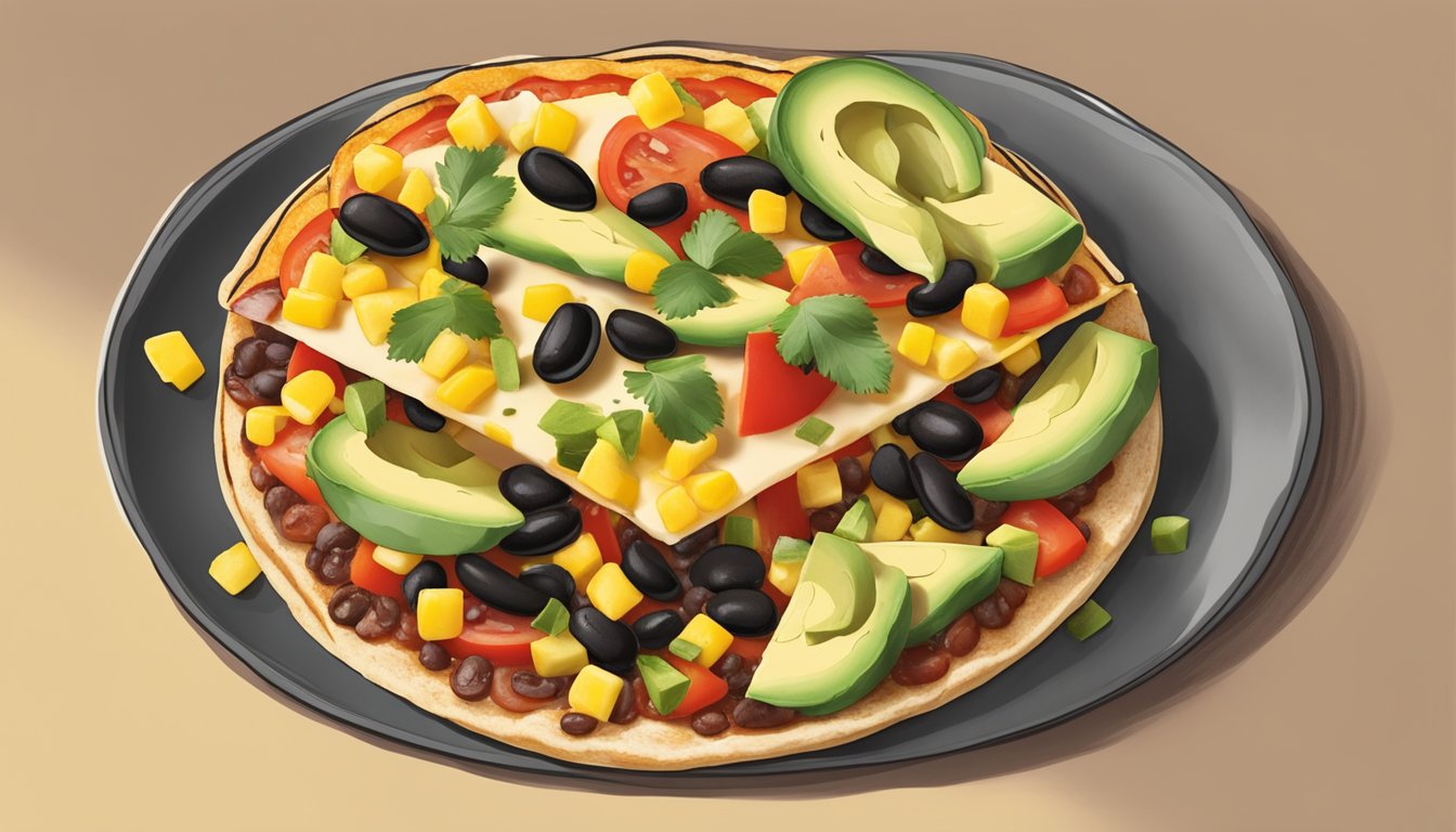 A colorful pizza topped with vegan cheese, black beans, corn, avocado, and fresh salsa, served on a crispy taco shell