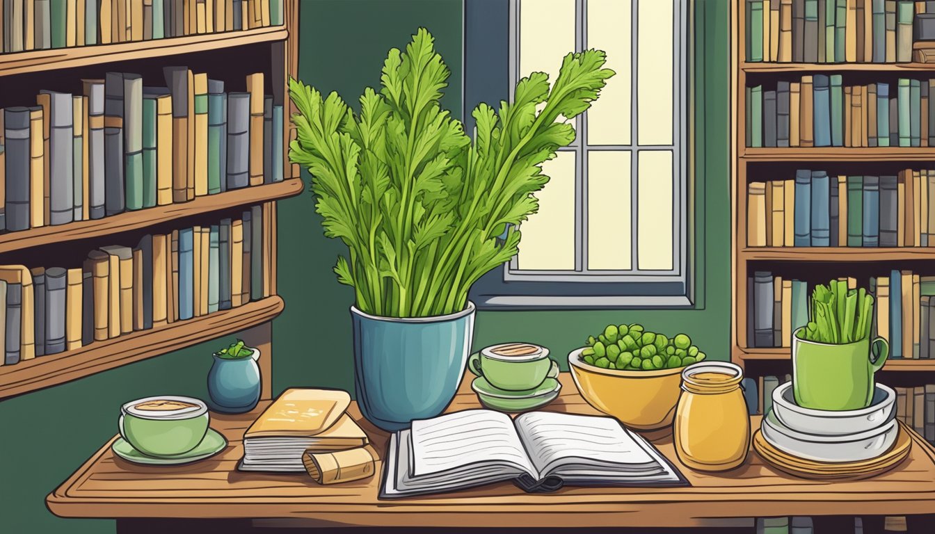 A plate of celery sticks with almond butter, surrounded by books and a cozy reading nook