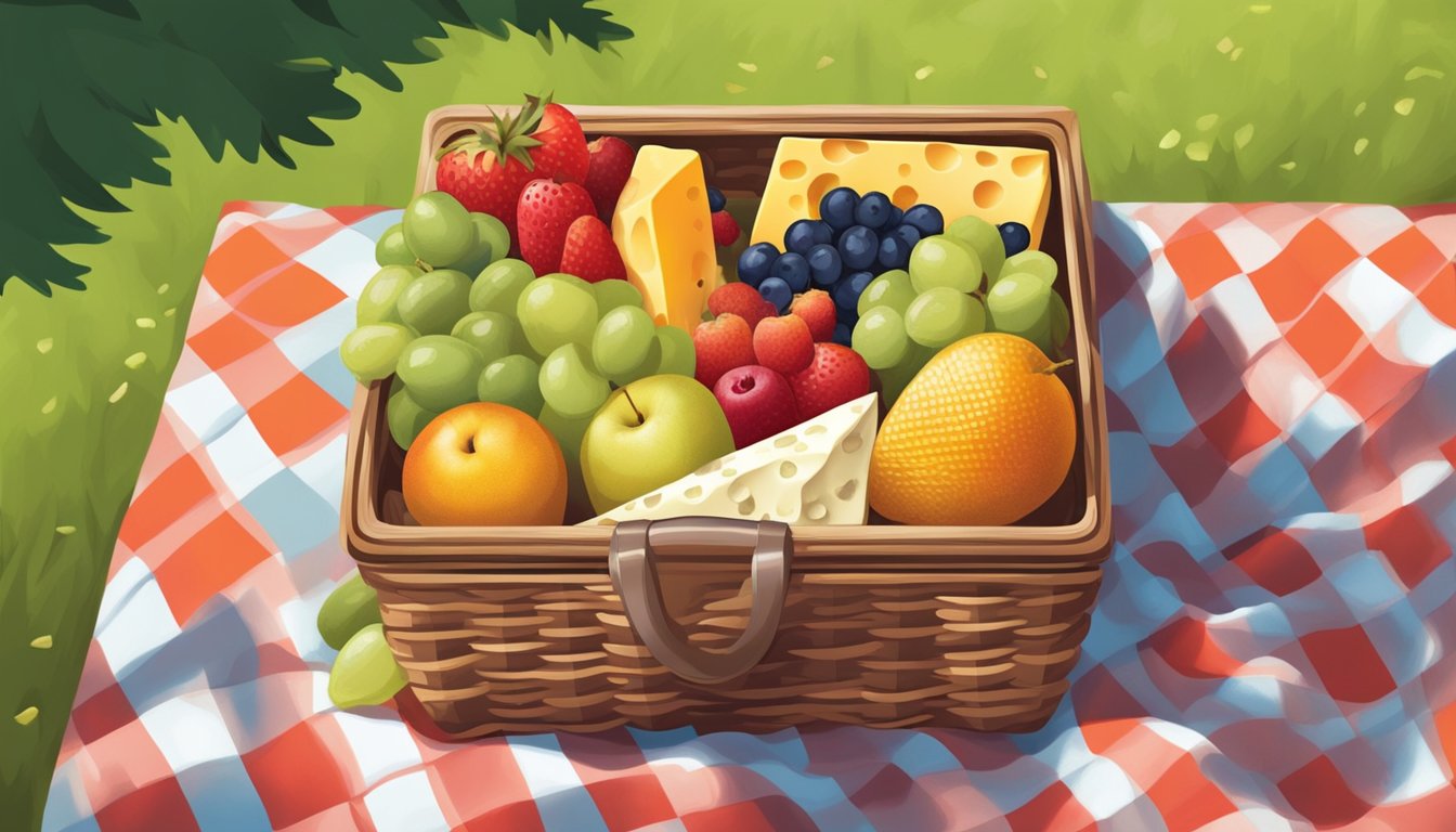 A picnic basket filled with fresh fruit, granola bars, and cheese sticks sits on a checkered blanket in the shade of a tree at an amusement park