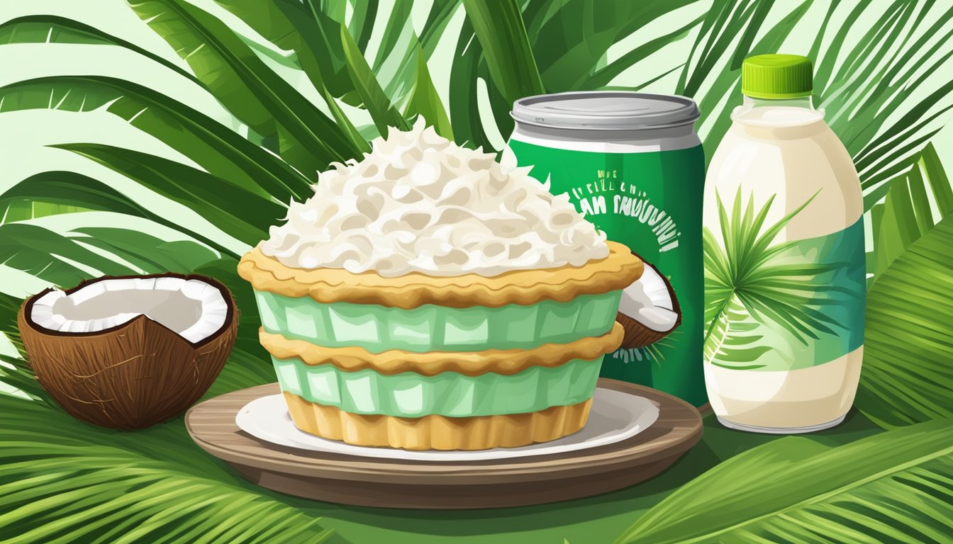 A coconut cream pie surrounded by fresh coconuts and coconut milk cans, with a vibrant green palm leaf in the background