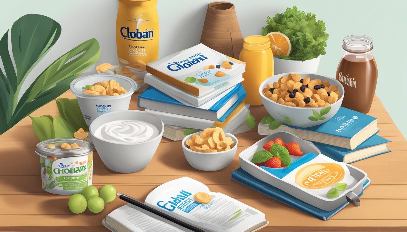 A table with a variety of healthy snacks, including Chobani Greek Yogurt, surrounded by books and reading glasses