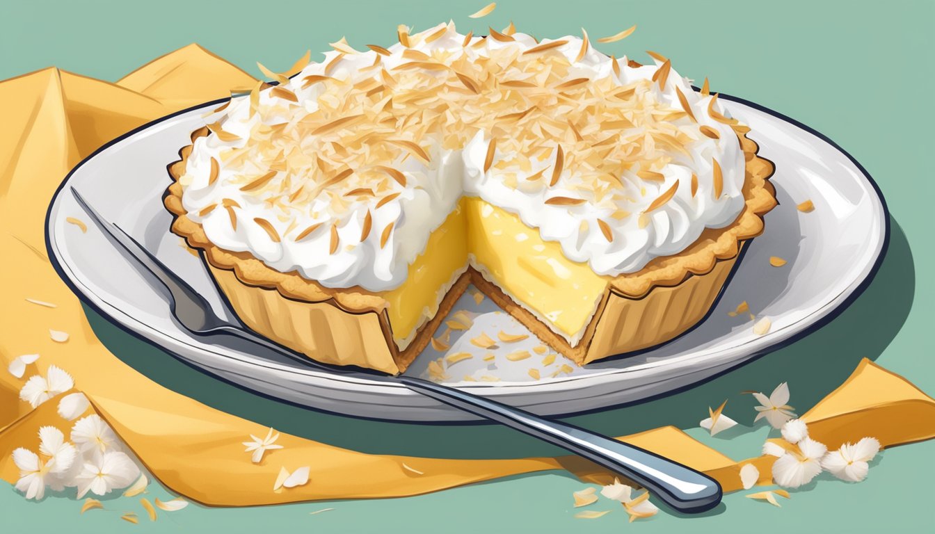 A coconut cream pie with a golden crust, topped with fluffy coconut cream and toasted coconut shavings