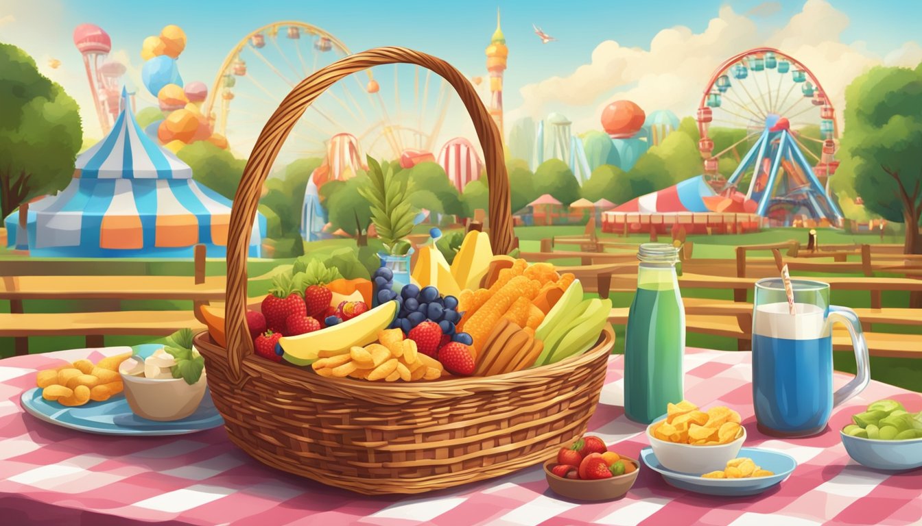 A colorful assortment of healthy snacks arranged in a picnic basket, with a backdrop of a bustling amusement park