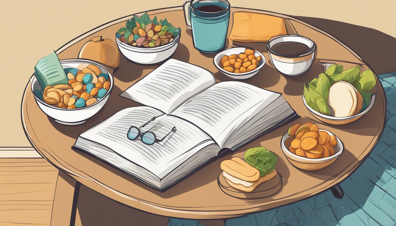 A table with a variety of healthy snacks, a book, and a pair of reading glasses on a cozy reading nook