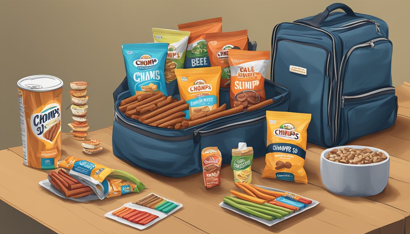 A variety of nutritious snacks, including Chomps Original Beef Sticks, arranged neatly in a travel bag for a long road trip