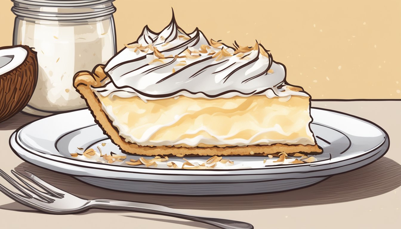 A slice of coconut cream pie with a fork next to it, surrounded by coconut shavings and a dollop of whipped cream on top