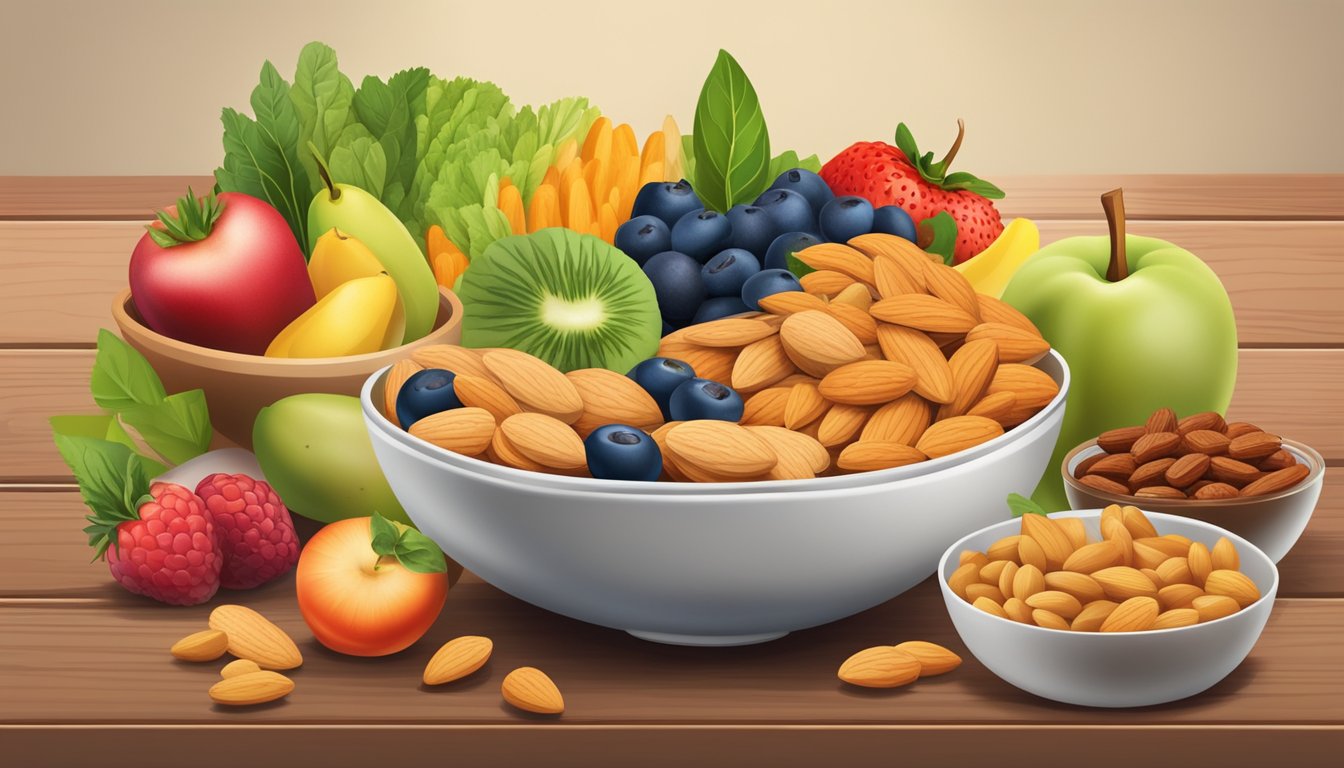 A bowl of almonds surrounded by a variety of other healthy snacks, such as fruits and vegetables, on a wooden table