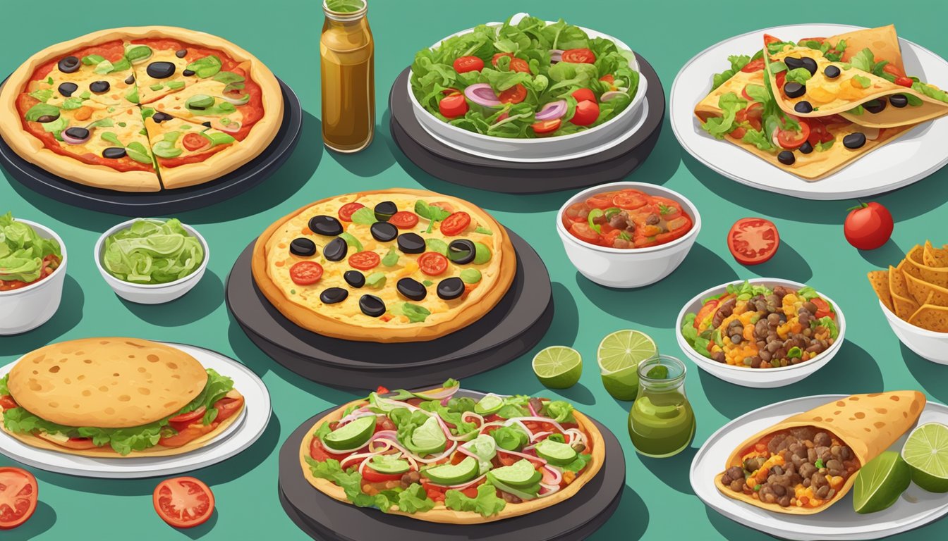 A table with a variety of food containers: pizza, tacos, and vegan dishes