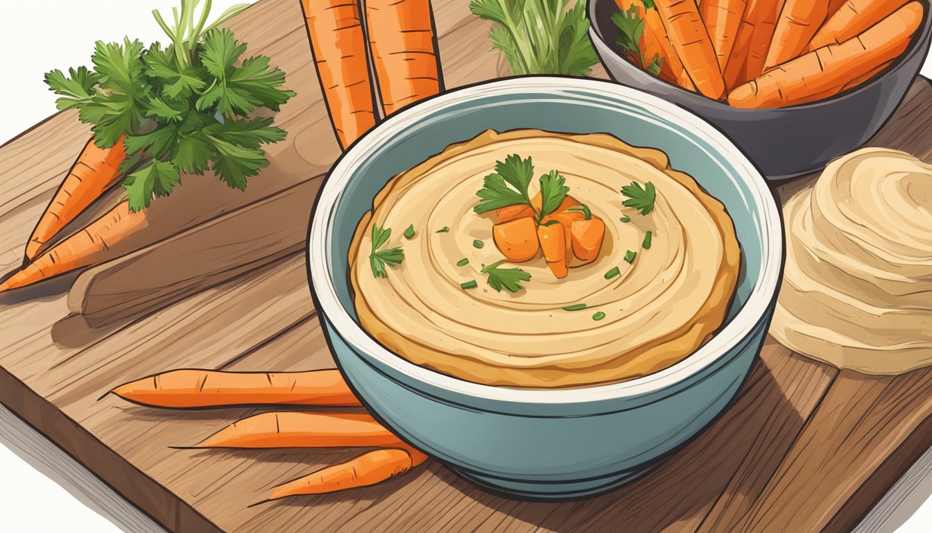 A bowl of hummus surrounded by carrot sticks on a wooden cutting board, with a stack of books in the background