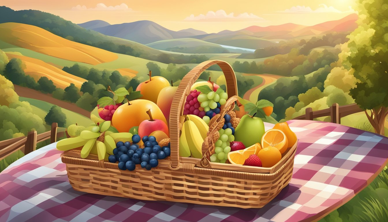 A picnic basket filled with an assortment of colorful fruits, nuts, and granola bars, surrounded by a scenic backdrop of a winding road and rolling hills