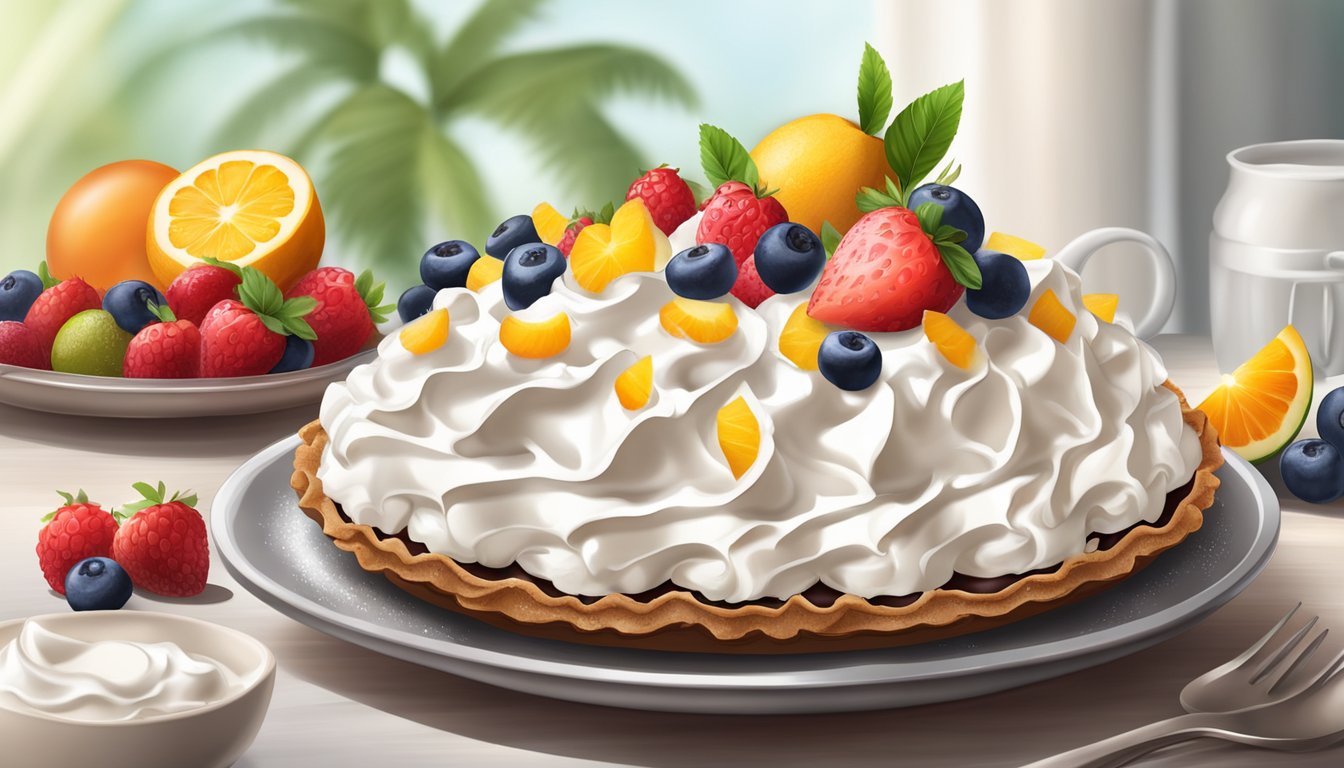 A chocolate cream pie surrounded by fresh fruits and a dollop of whipped coconut cream