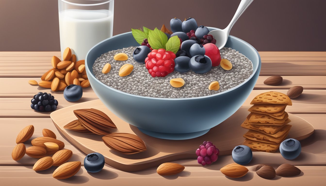 A small bowl of chia seed pudding surrounded by a variety of satisfying snacks, such as nuts, berries, and yogurt, all arranged on a wooden table