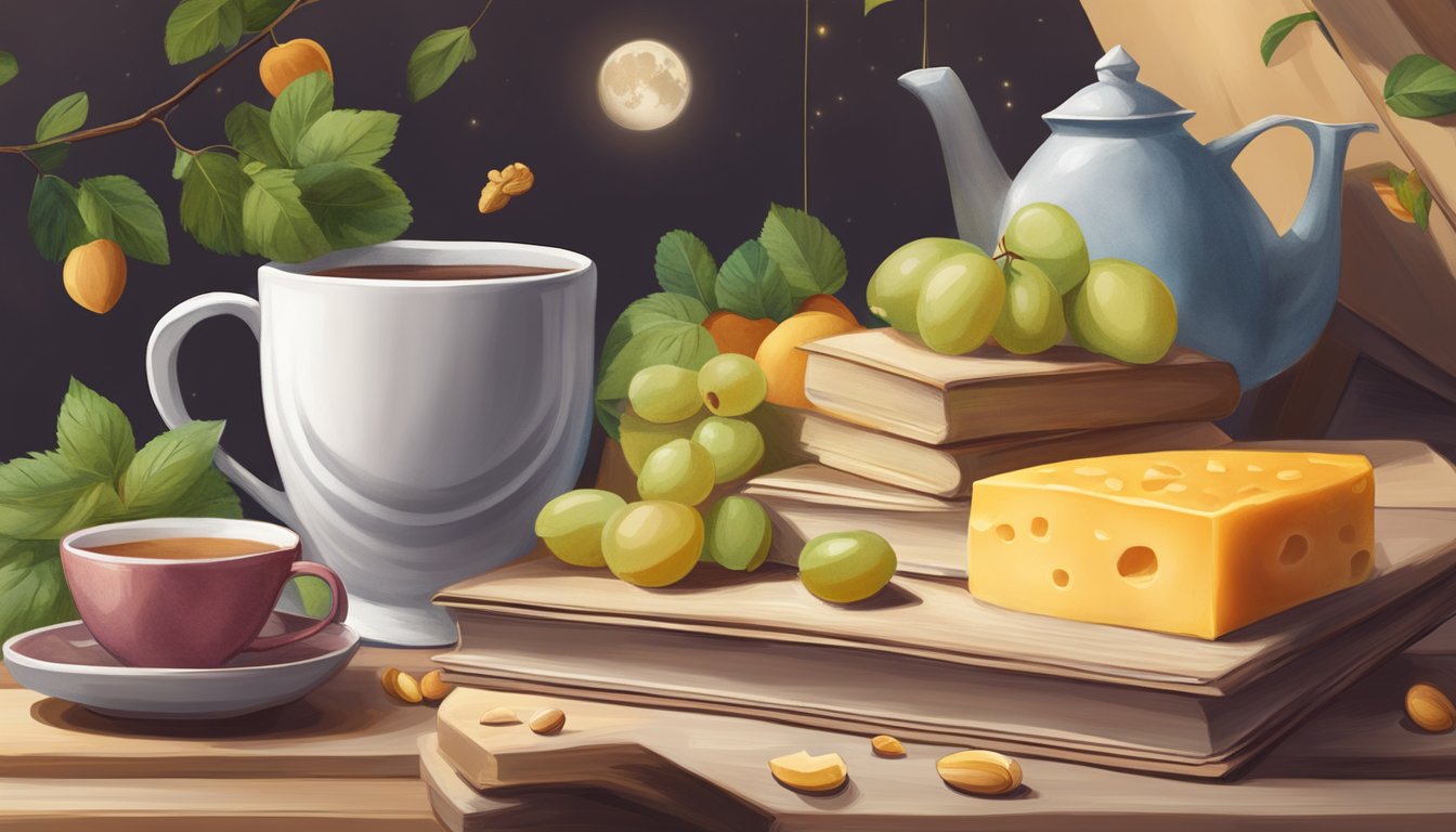 A stack of Moon Cheese Cheddar sits next to a pile of books, surrounded by fresh fruits and nuts. A cup of herbal tea completes the cozy scene