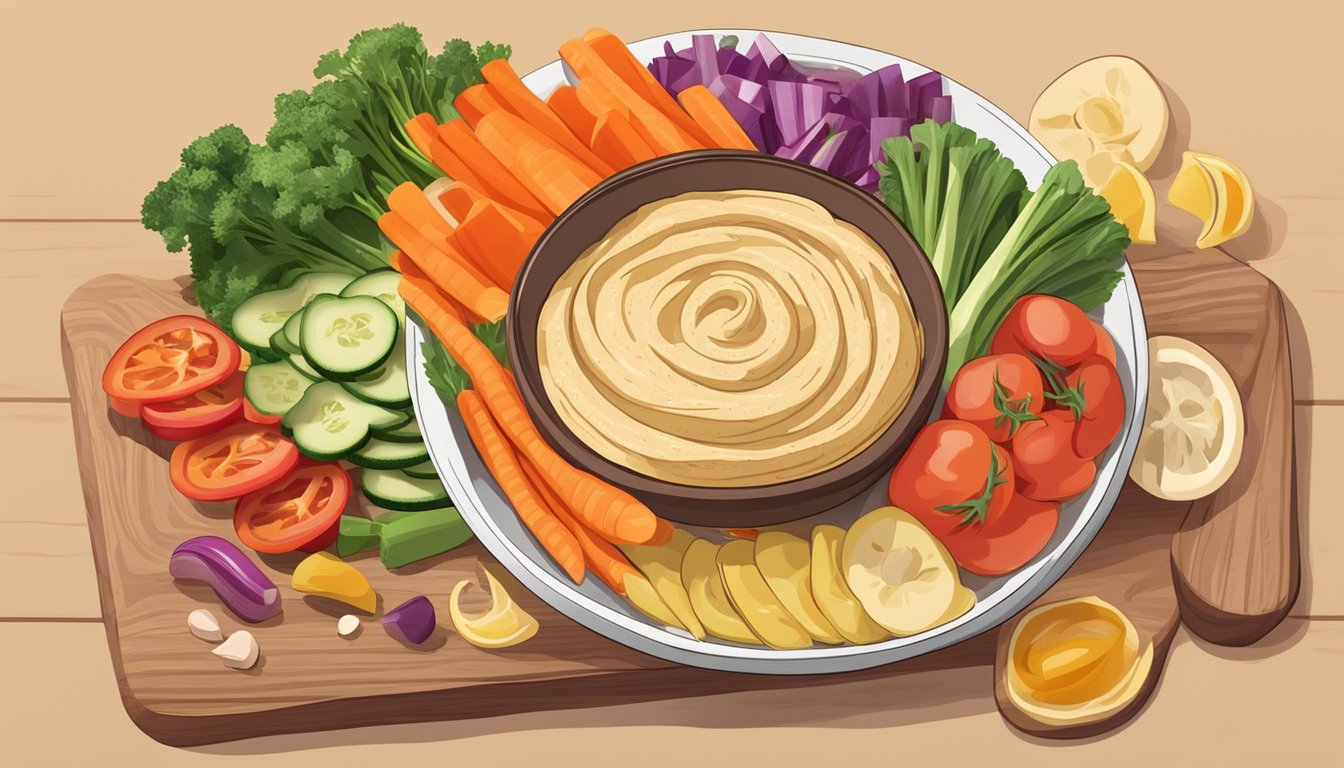 A bowl of hummus surrounded by colorful sliced vegetables on a wooden cutting board