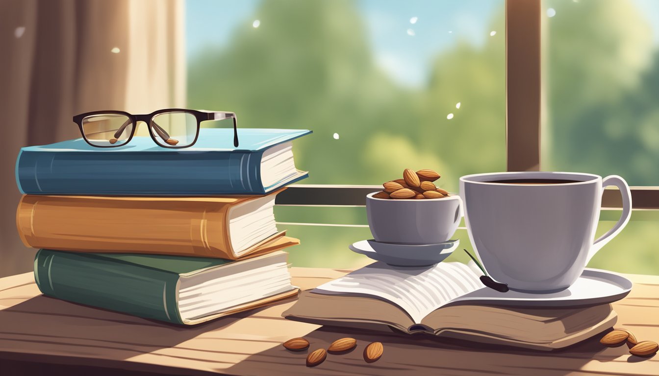 A stack of books with almonds scattered around them, a cup of tea, and a pair of reading glasses on a cozy reading nook