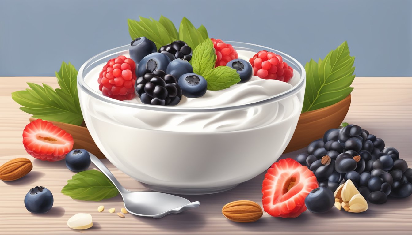 A bowl of Greek yogurt surrounded by fresh berries, nuts, and seeds on a wooden table