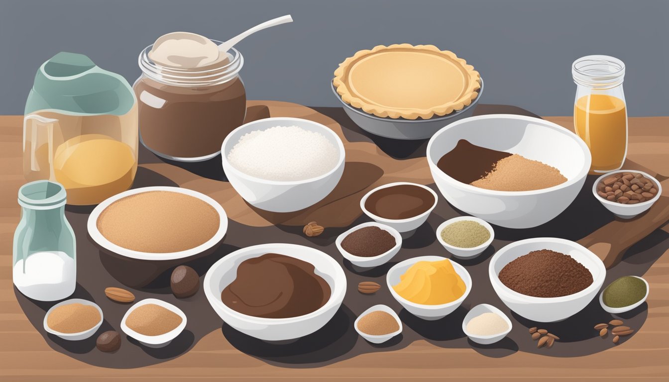 A kitchen counter with a variety of ingredients laid out, including cocoa powder, coconut milk, and a vegan pie crust